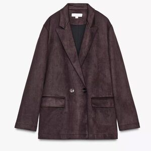 NWT Zara Faux Suede Blazer Jacket Double Breasted Brown  Lapel Pockets Womens L